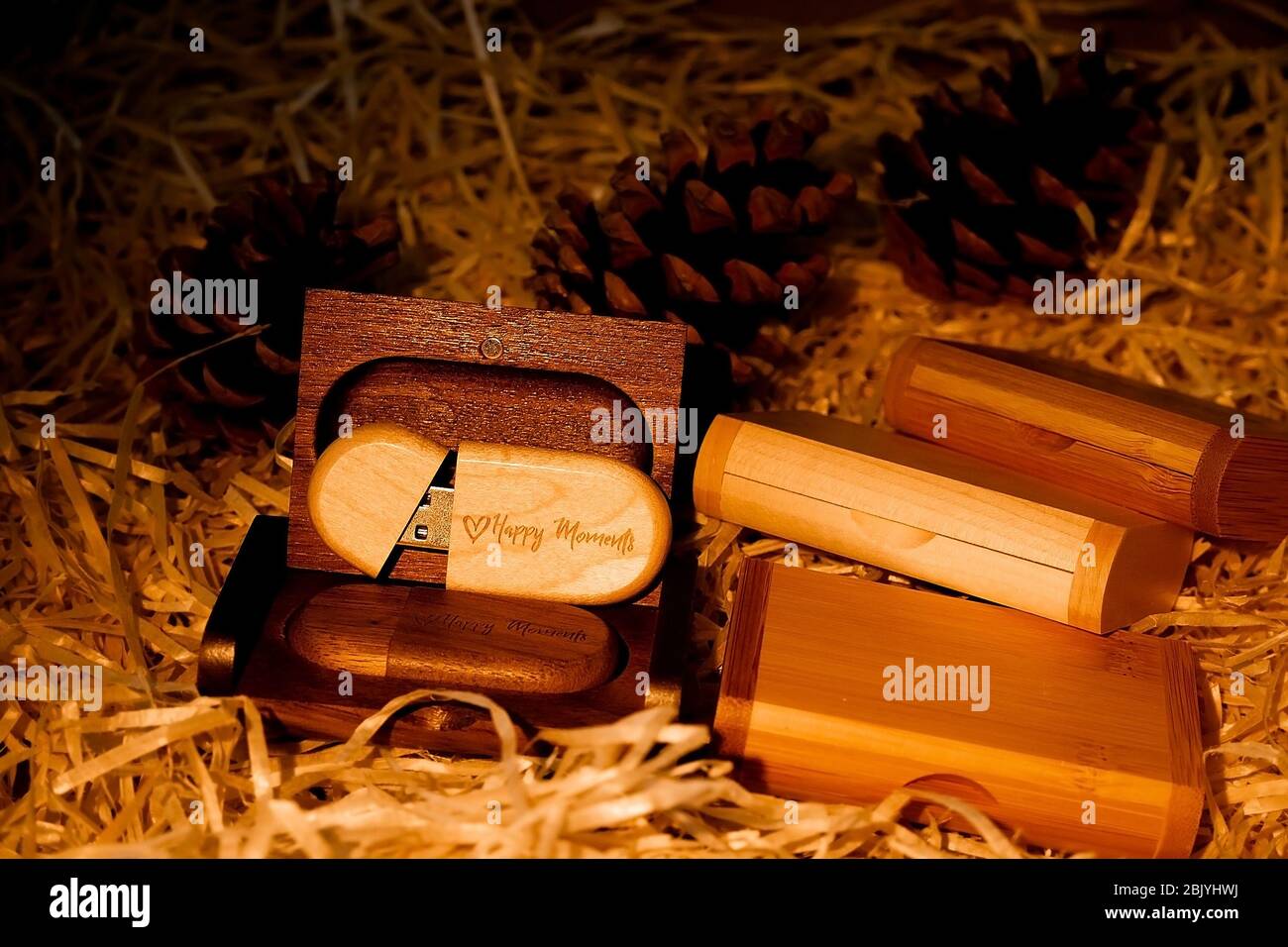 Wooden brown usb flash drive with text Happy Moments with cones, brown ...