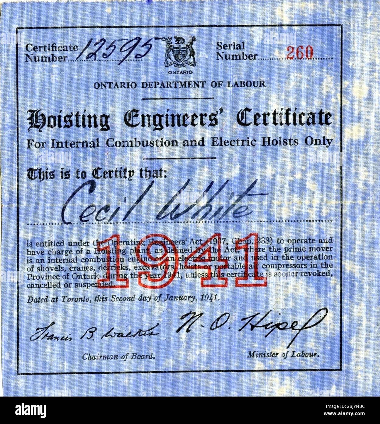 Hoisting Engineers Certificate 1941 Stock Photo Alamy