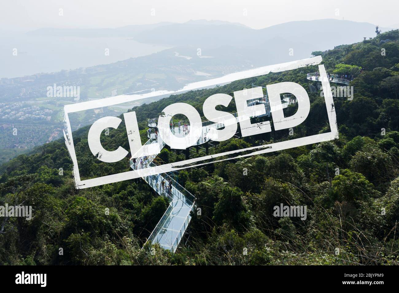 Concept city closed for quarantine due to coronavirus, COVID-19. glass bridge in Yalong Bay Tropical Paradise Forest Park. south China's Hainan provin Stock Photo