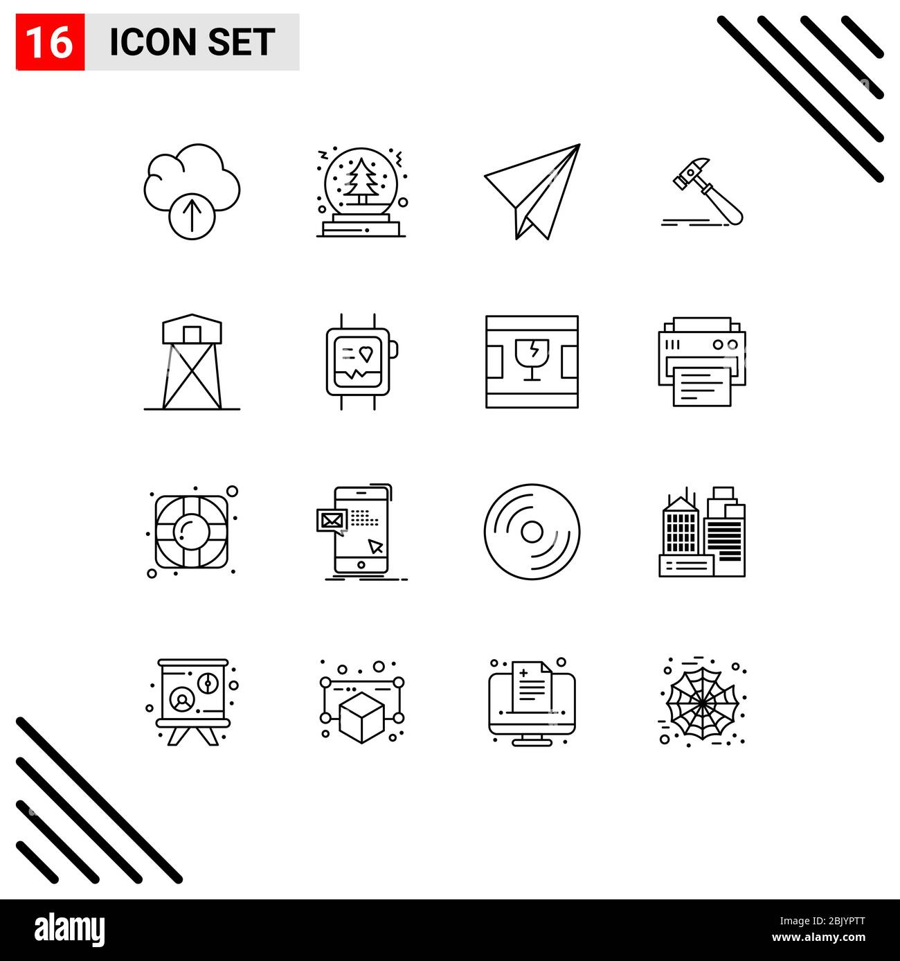 Set of 16 Modern UI Icons Symbols Signs for hunt, defense, paper plane, carpenter, tool Editable Vector Design Elements Stock Vector