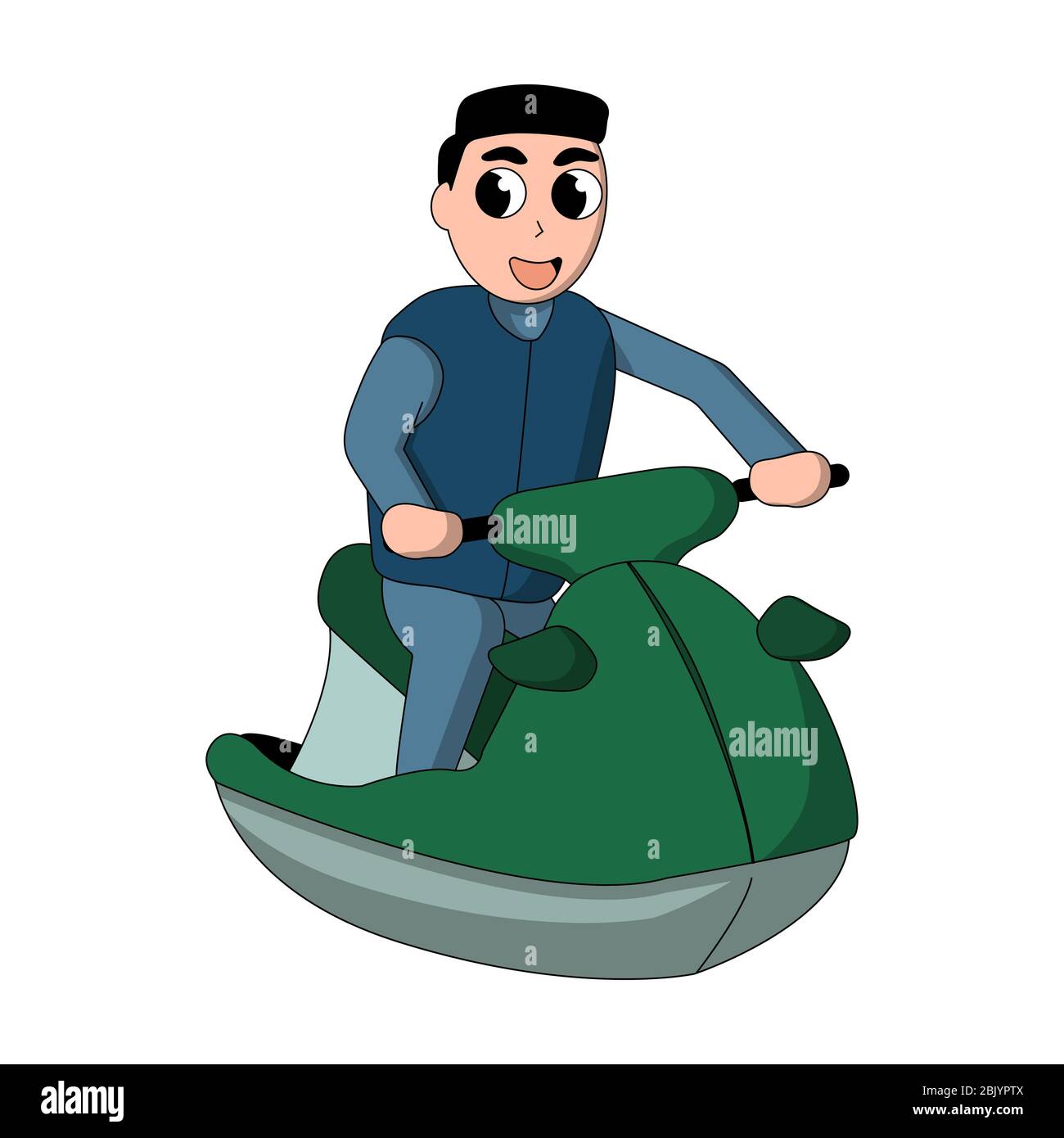happy cartoon man wearing a wetsuit and a water vest on a jet ski. white background isolated stock vector illustration Stock Vector