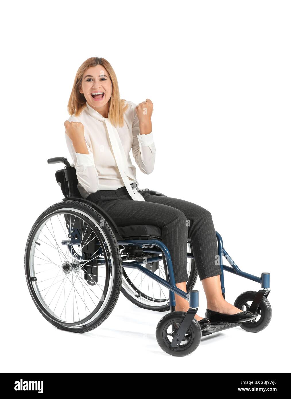 Happy businesswoman in wheelchair on white background Stock Photo - Alamy