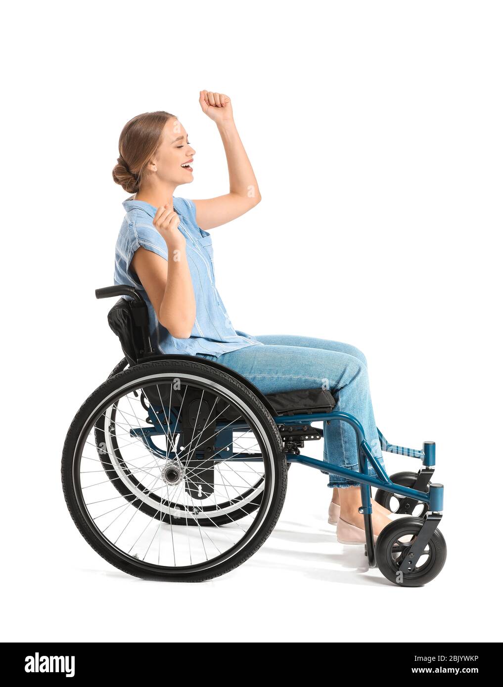 Happy woman in wheelchair on white background Stock Photo - Alamy