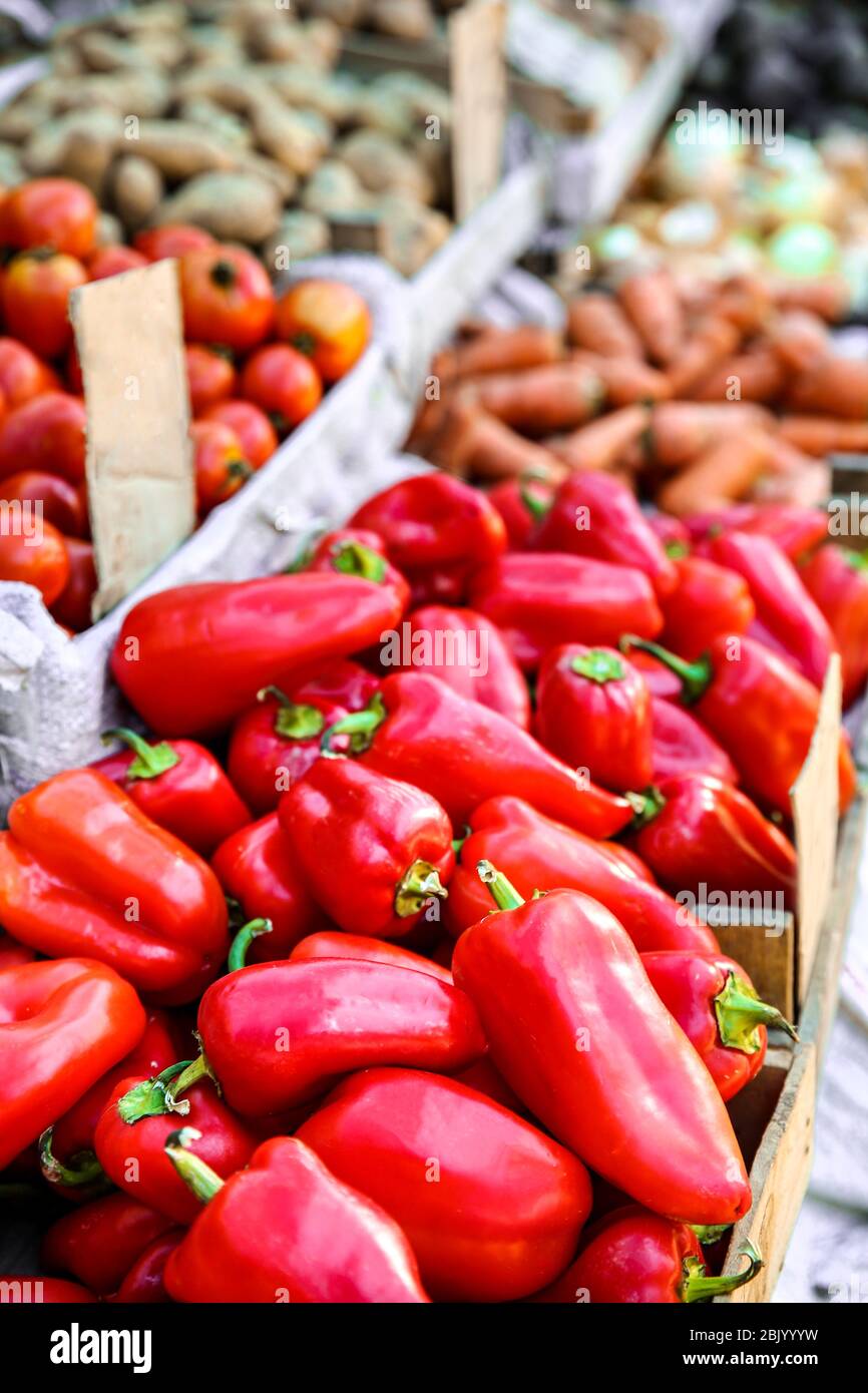 Fresh peppers on counter at market Stock Photo Alamy