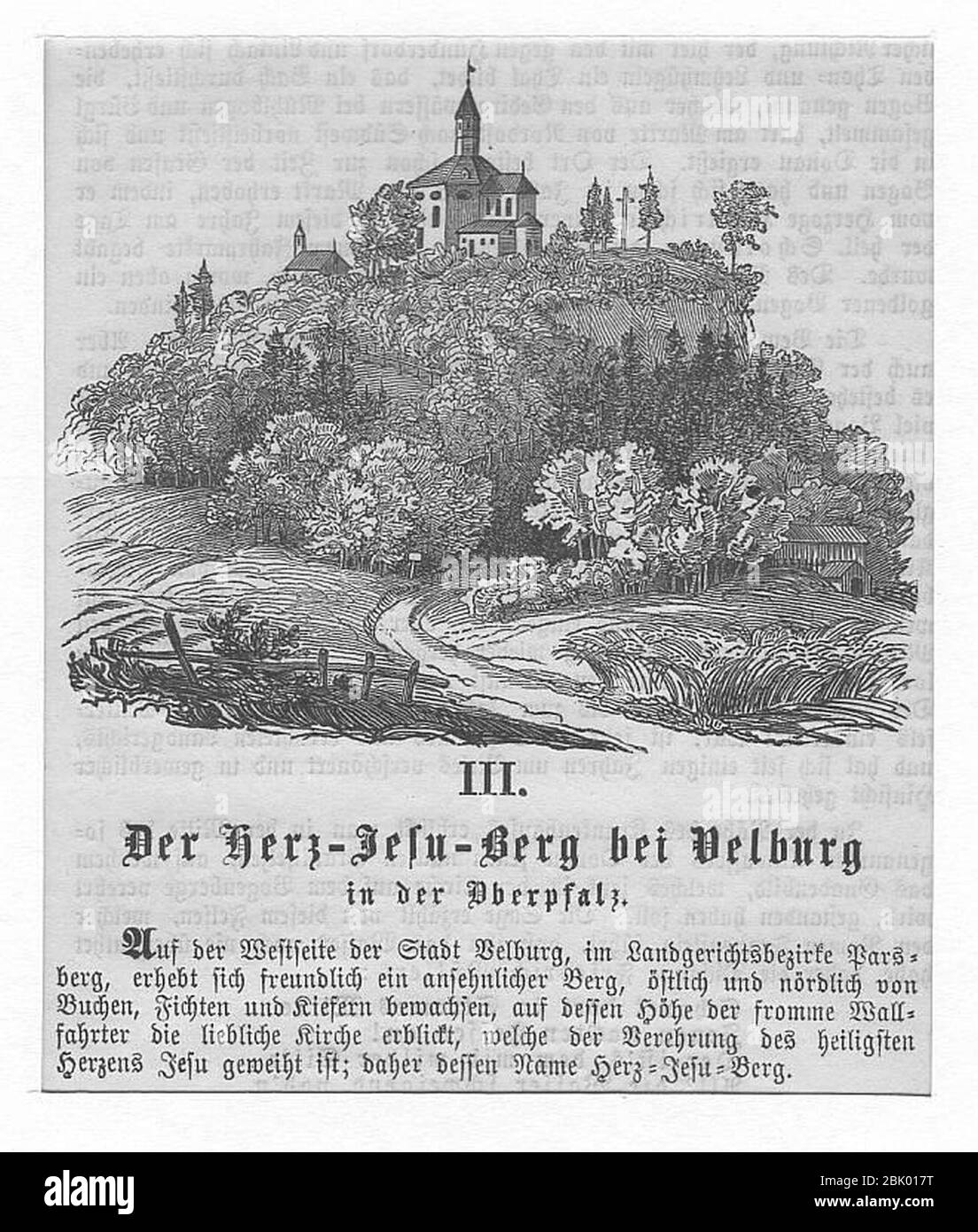 Holzstich - Velburg - Wallfahrtskirche Herz-Jesu-Berg - um 1847 Stock Photo