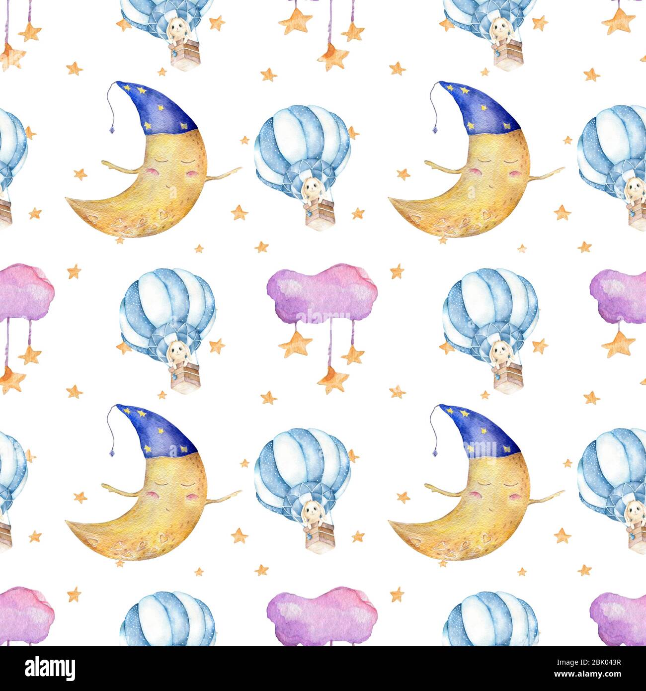 Children seamless pattern with pink clouds and stars in sky on white ...