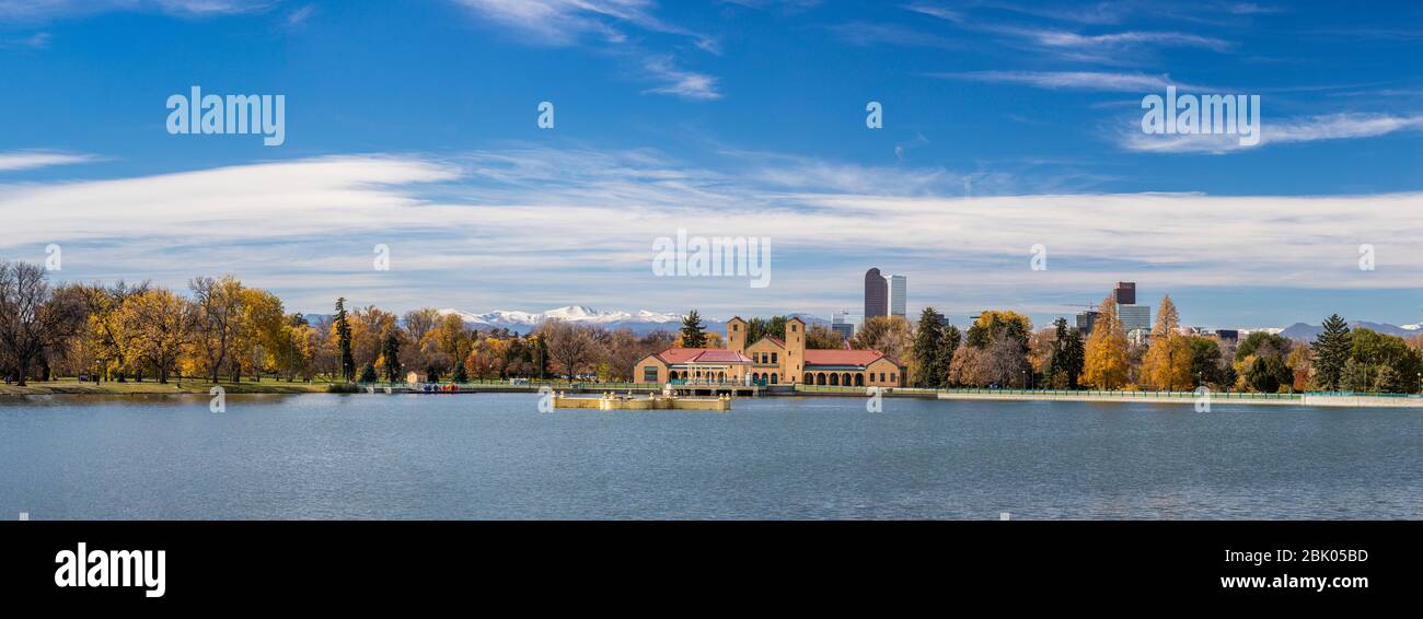 Denver City Park fall panoramic with lake and pavilion, Denver, Colorado, USA. Stock Photo