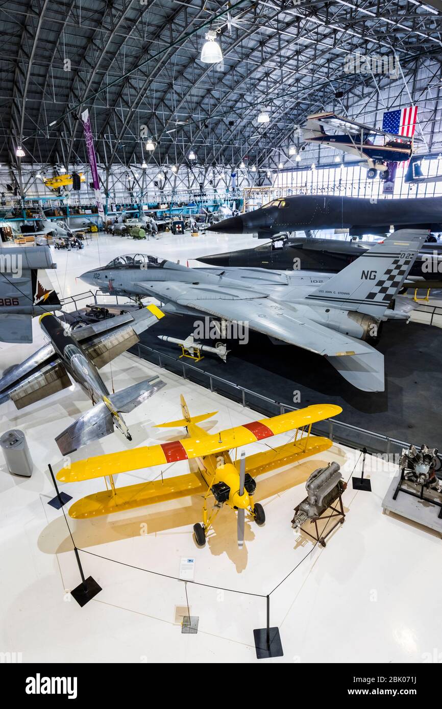 Airplanes of various sizes displayed in the Wings Over the Rockies museum in Denver, Colorado, USA. Stock Photo