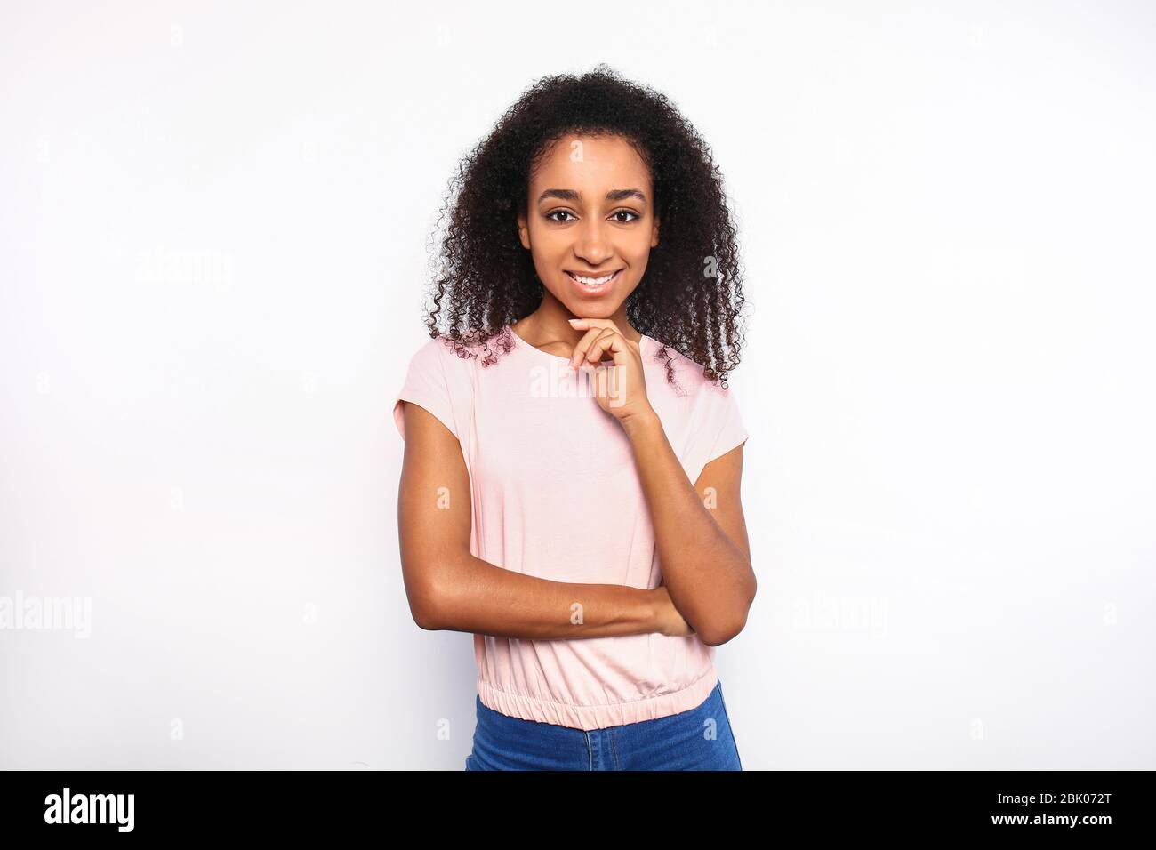 Portrait of beautiful African-American woman on white background Stock ...