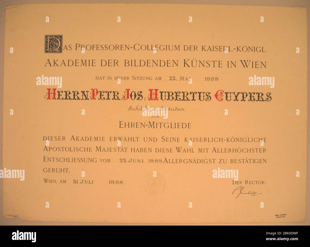 Honorary membership certificate of Pierre Cuypers of the Academy of Fine Arts Vienna Cuypershuis 0460. Stock Photo