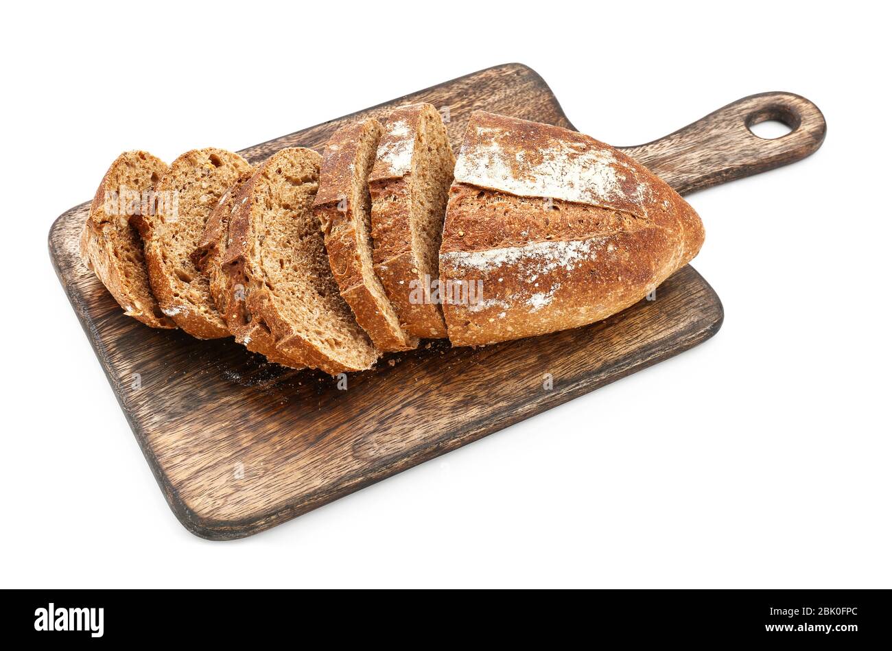 Wooden board with tasty cut bread on white background Stock Photo - Alamy