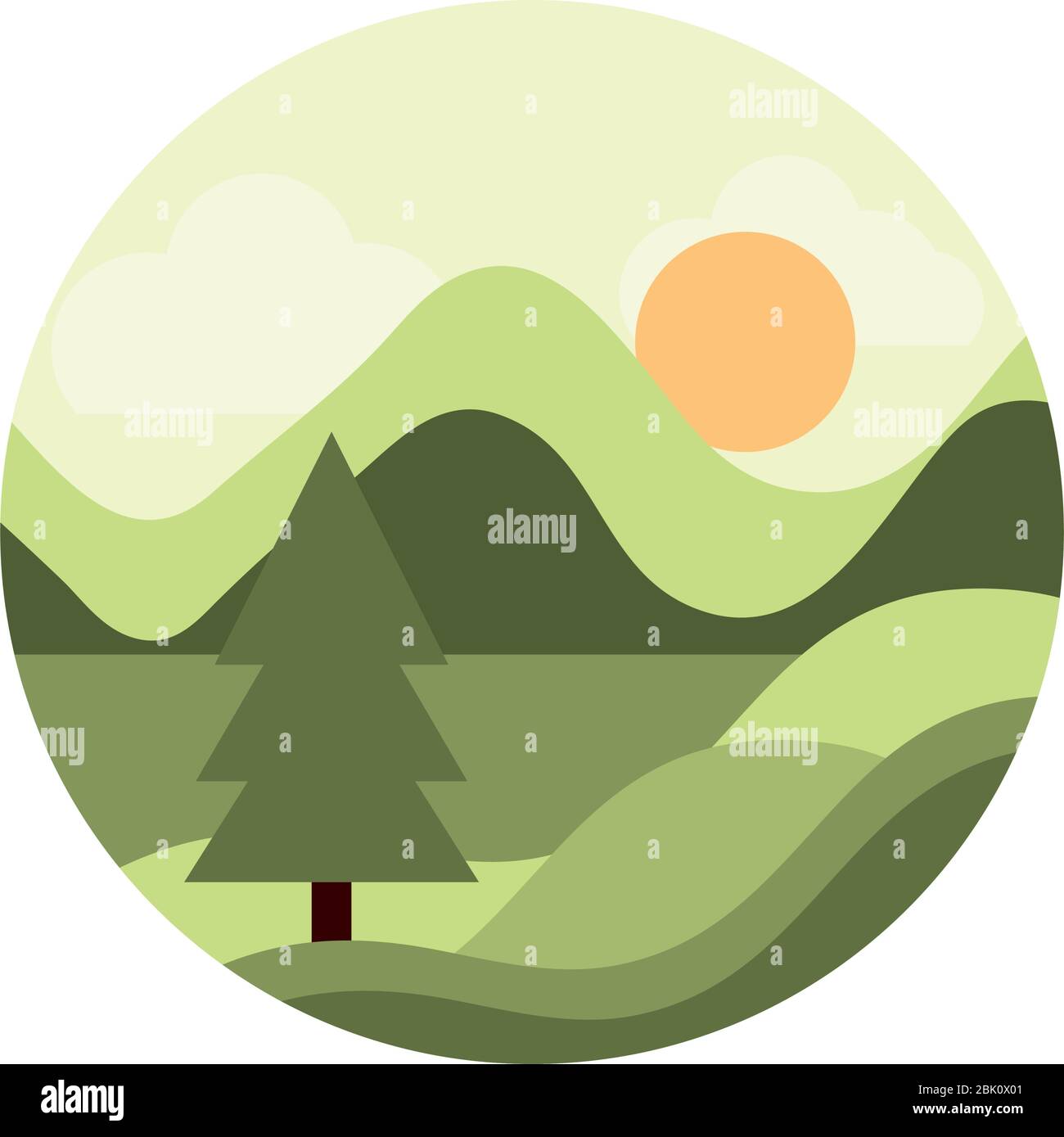 landscape nature hills pine tree sun vector illustration flat style ...
