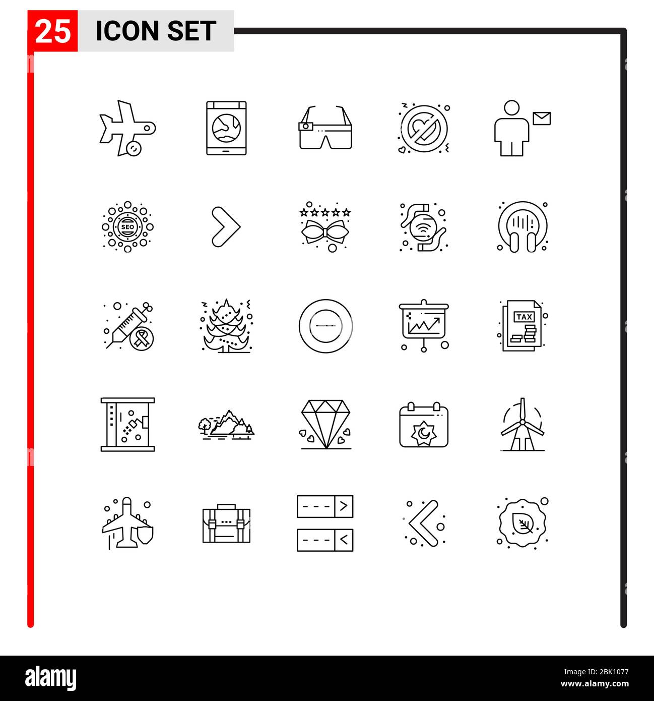 Mobile Interface Line Set of 25 Pictograms of forbidden, no love, online, adultery, google glass Editable Vector Design Elements Stock Vector