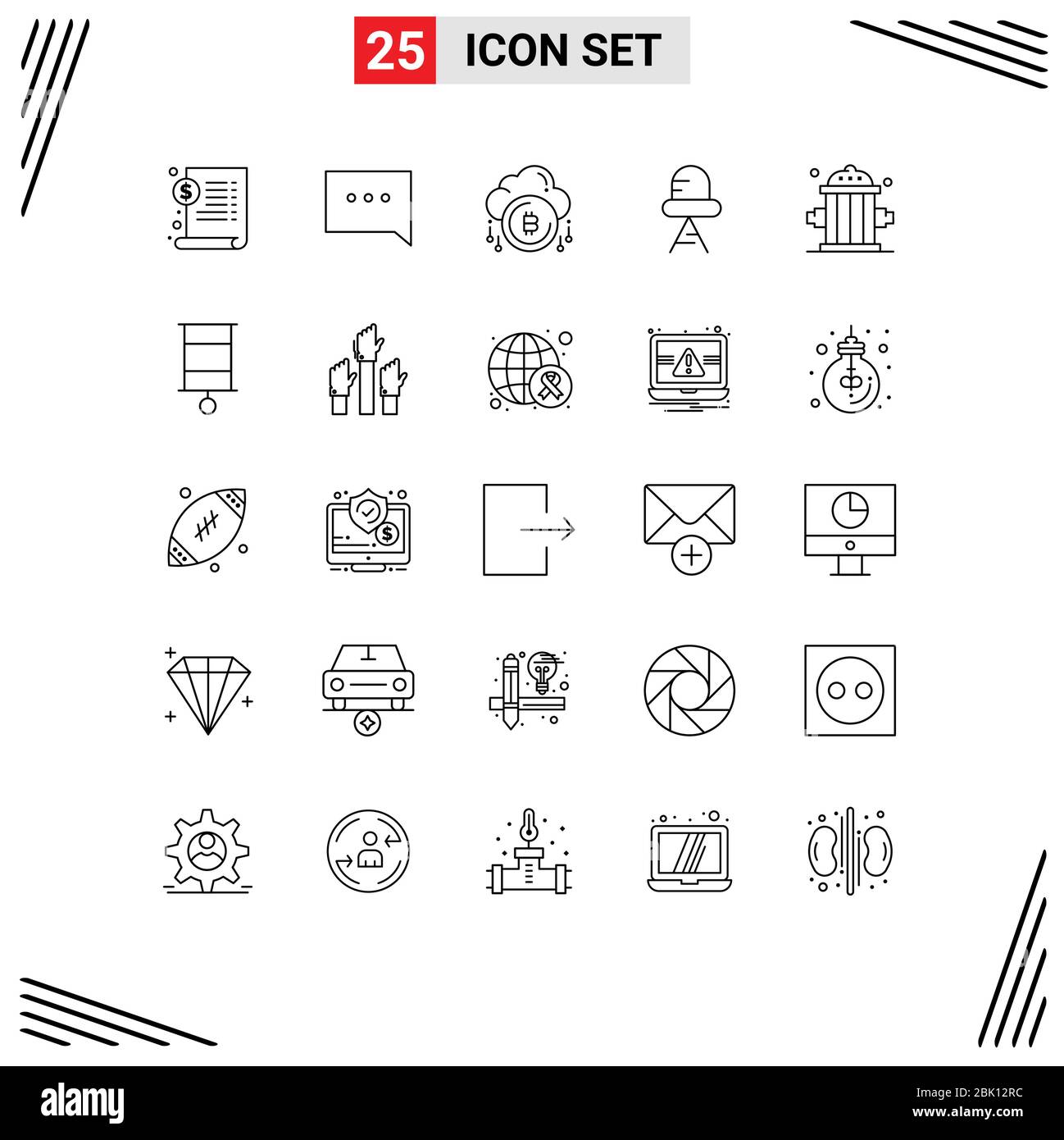 25 User Interface Line Pack of modern Signs and Symbols of firefighter ...