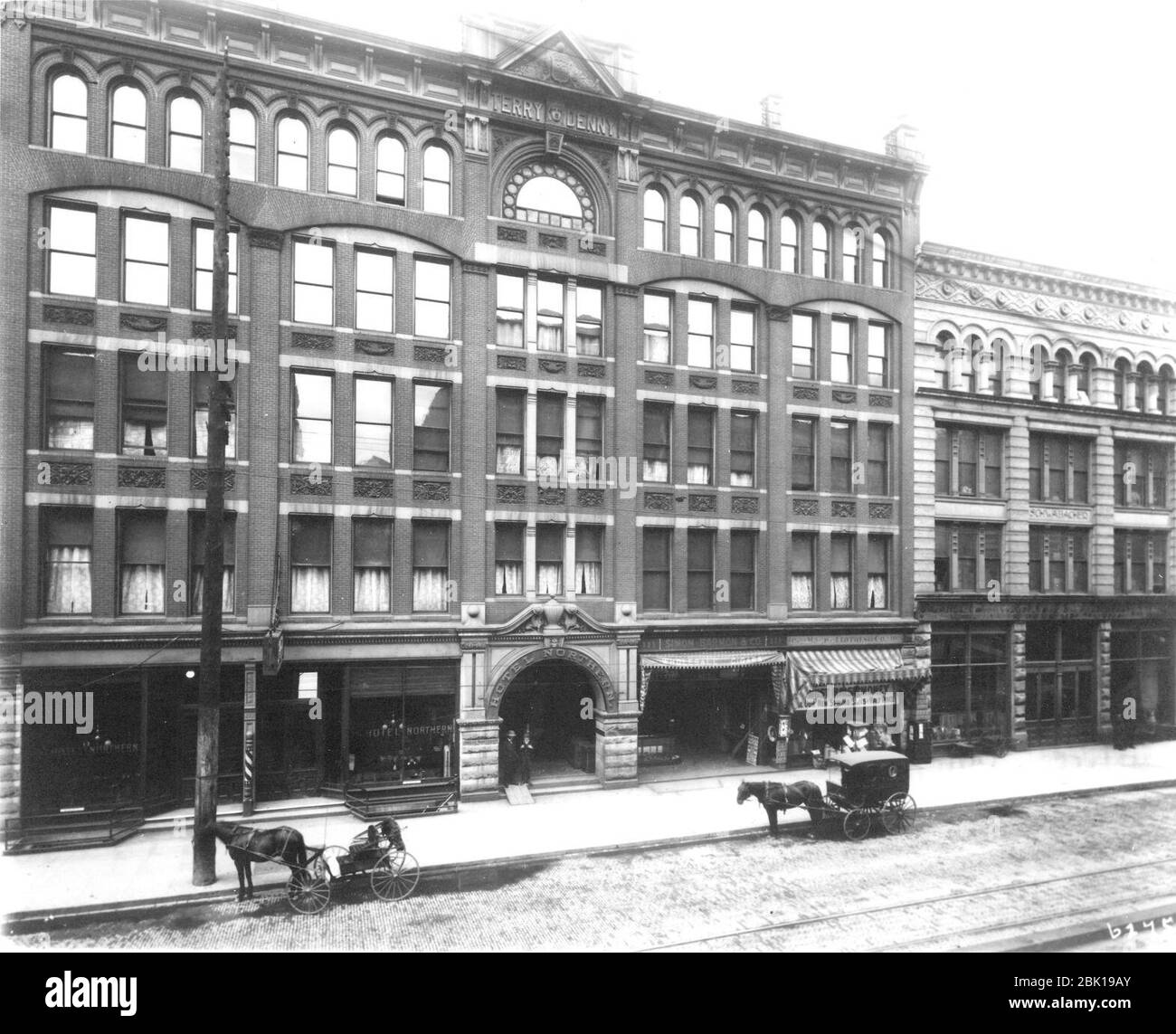 Hotel Northern, located in the Terry-Denny Building, 109-115 1st Ave S, between Yesler Way and Washington St, Seattle, ca 1905 (CURTIS 2066). Stock Photo
