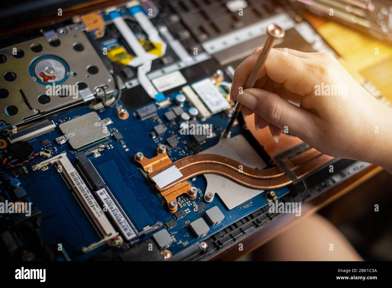 Hand technician repairing broken laptop notebook computer with a screwdriver Stock Photo
