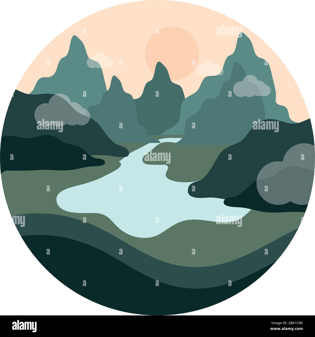 landscape nature rive mountains valley scene vector illustration flat ...