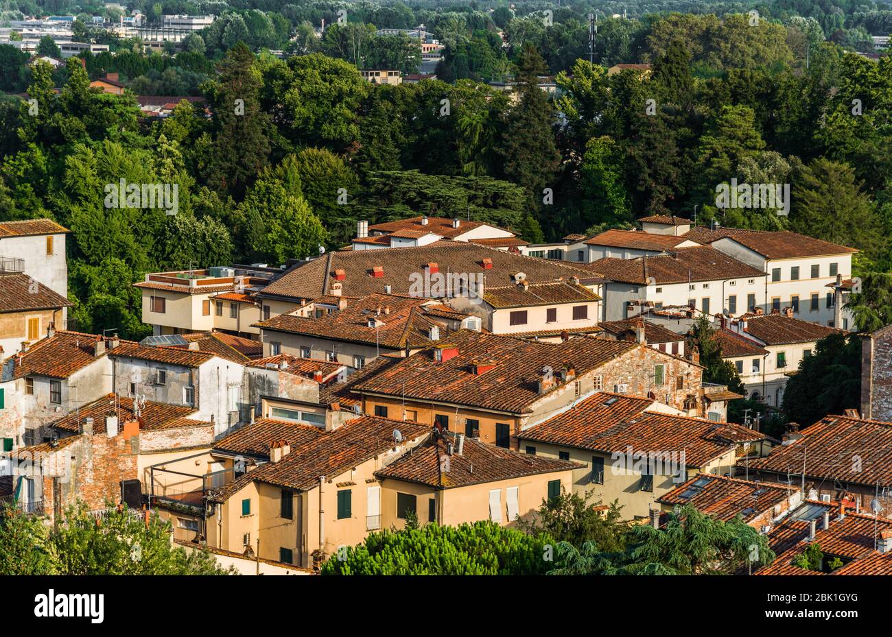 View at ancient Italian town with colorful houses in Tuscany from above ...