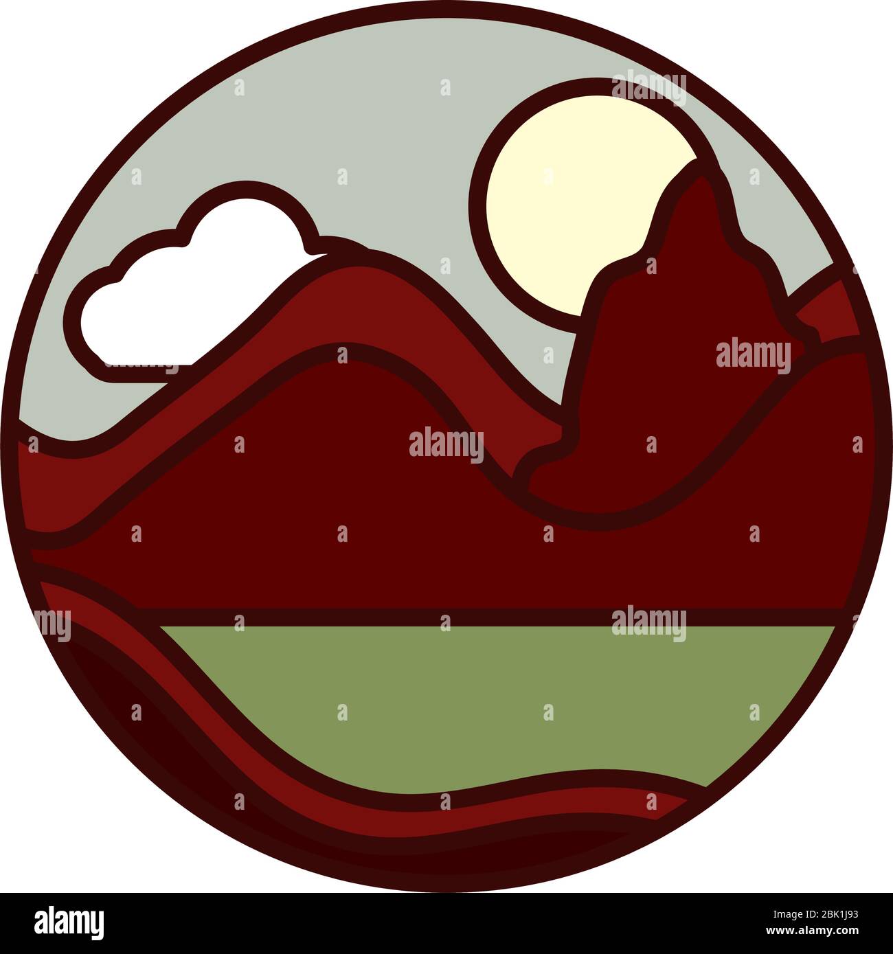 landscape nature mountains field sun vector illustration line and fill ...