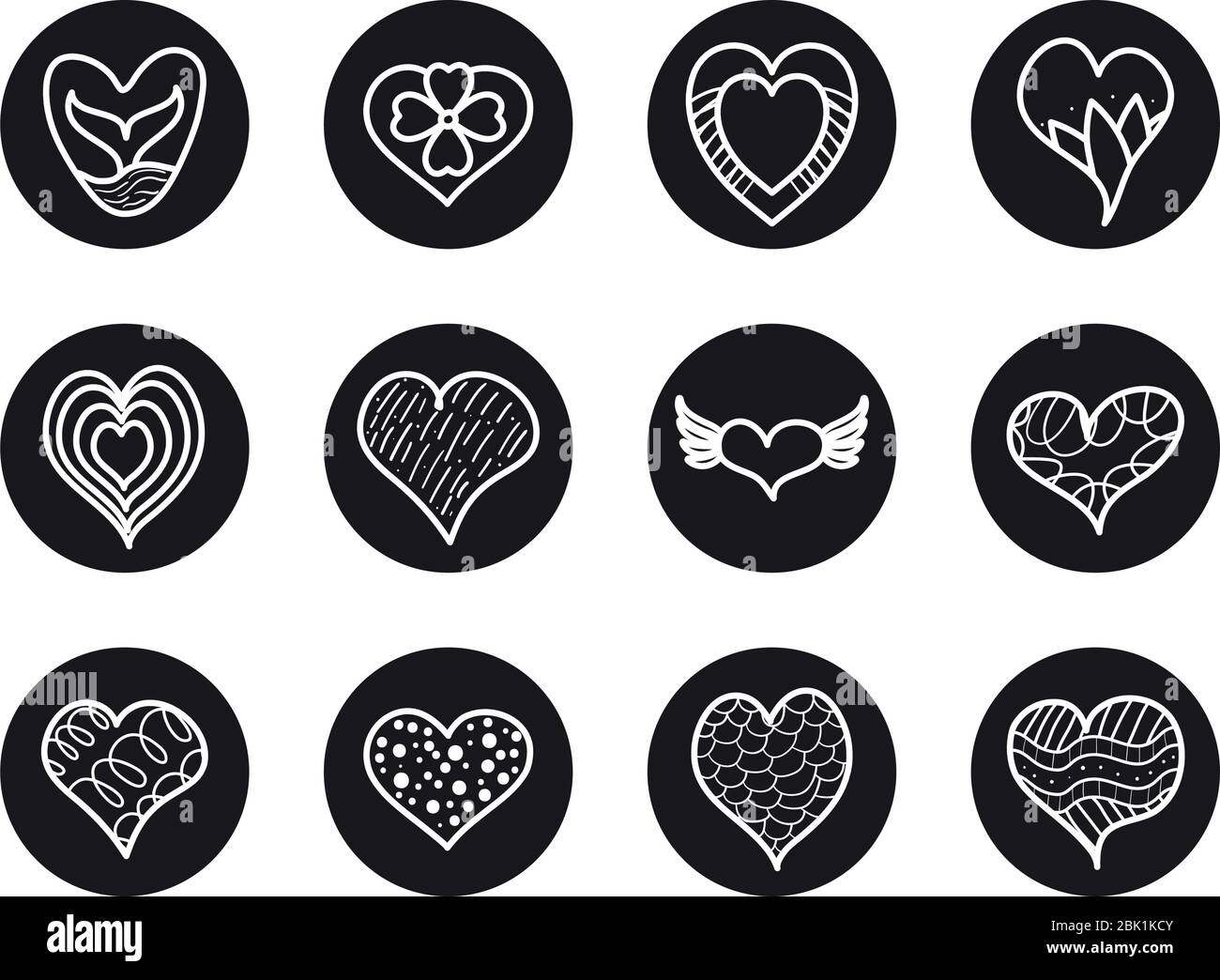 floral heart and hearts icon set over white background, line block ...