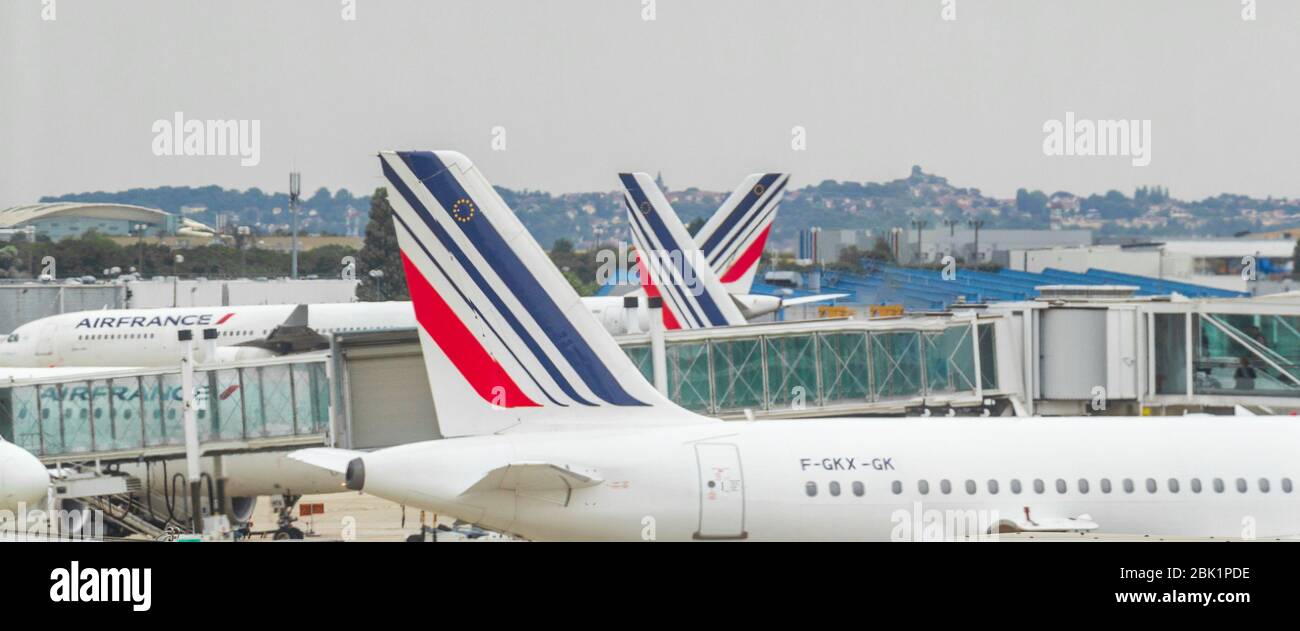 PARIS, FRANCE -1 March 2020- View of airplanes at the Roissy Charles de Gaulle International Airport CDG near Paris, France. During pandemic no flies. Stock Photo