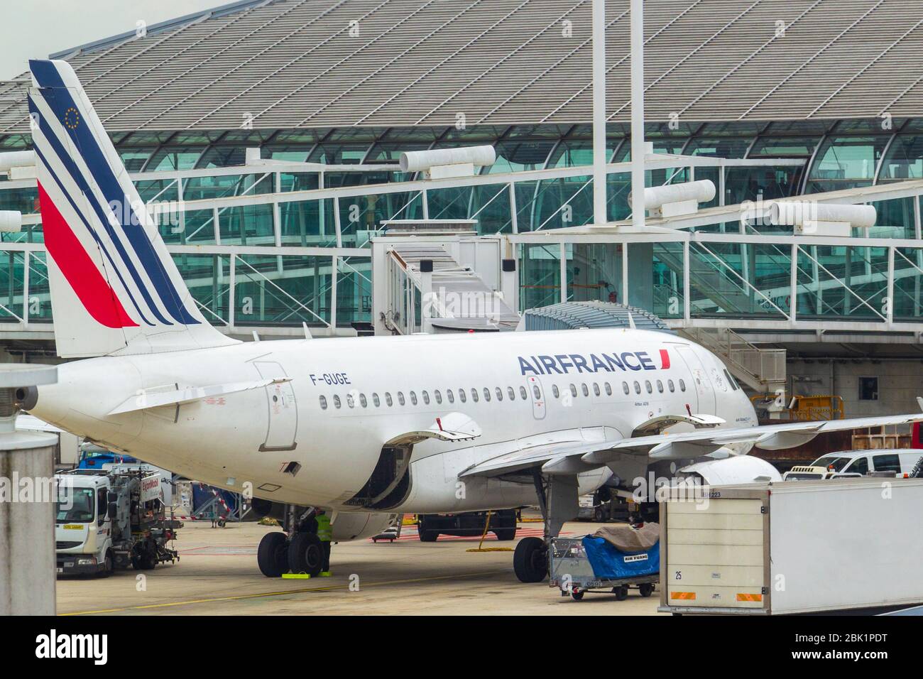 PARIS, FRANCE -1 March 2020- View of airplanes at the Roissy Charles de Gaulle International Airport CDG near Paris, France. During pandemic no flies. Stock Photo