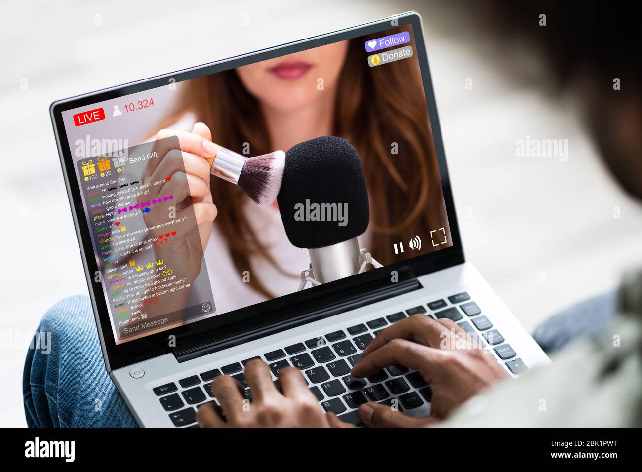 Streaming Live ASMR Video On Laptop Computer Stock Photo