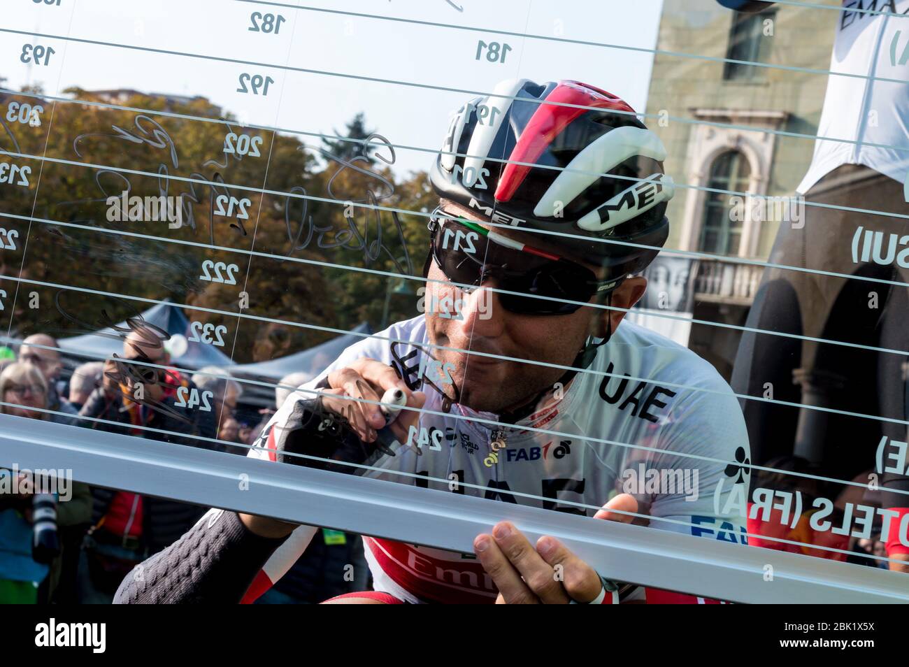 diego ulissi (ita) (uae team emirates) signs at departure of 'il lombardia 2019' during Giro di Lombardia 2019, , bergamo-como, Italy, 12 Oct 2019 Stock Photo