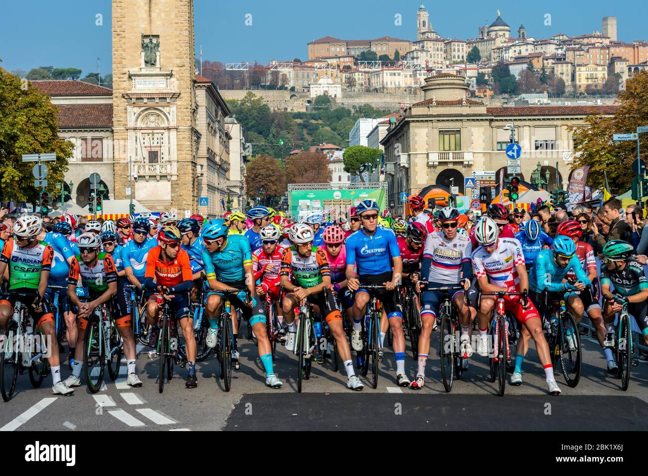 peloton waiting the start of 'il lombardia' - bergamo during Giro di Lombardia 2019, , bergamo-como, Italy, 12 Oct 2019 Stock Photo
