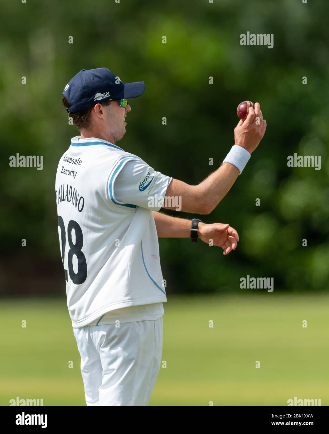 Derbyshire's Tony Palladino checks the ball during a 2nd XI 3 day championship match against Northamptonshire  5 August 2019 Stock Photo
