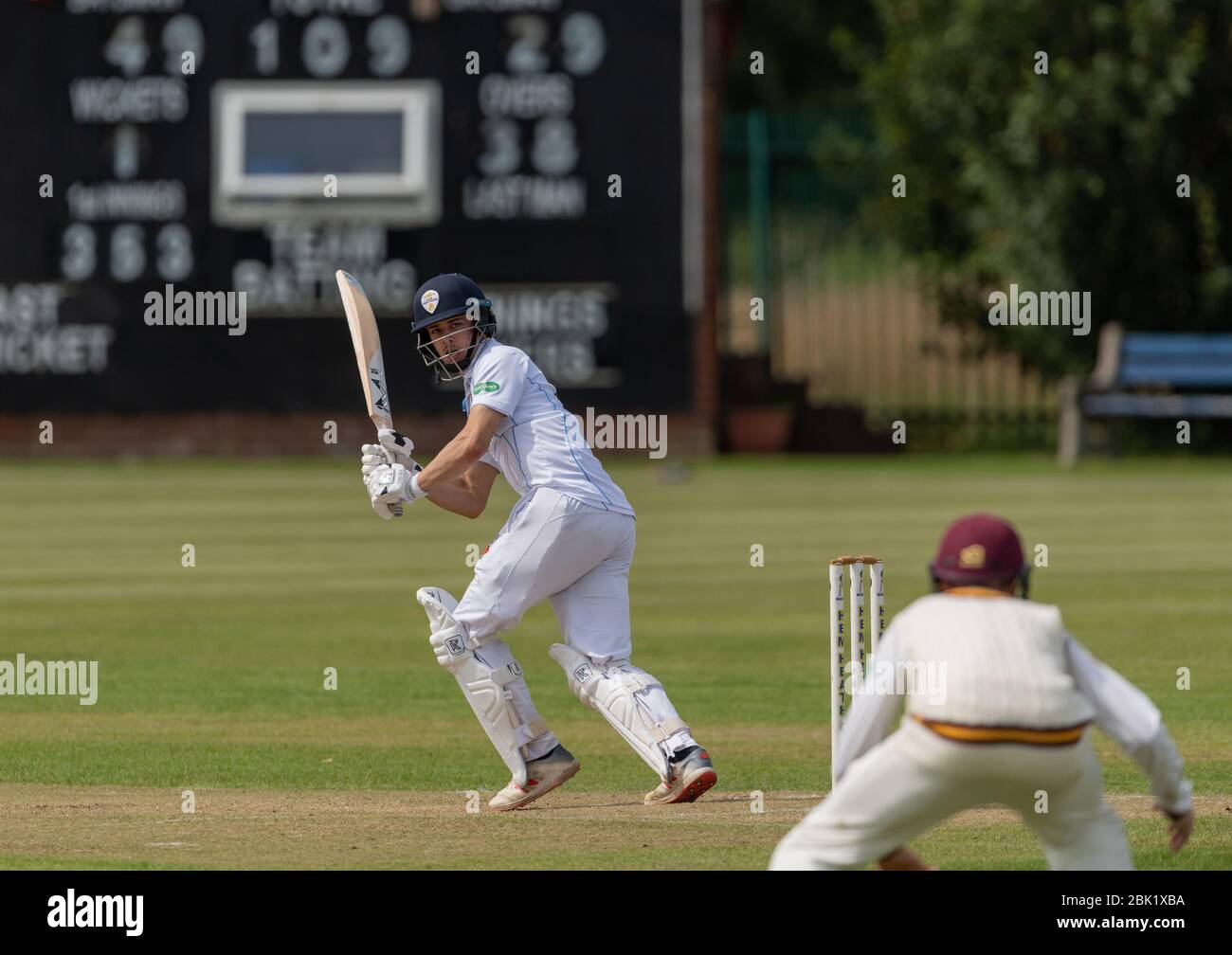 Harvey Hosein batting for Derbyshire 2nd XI against Northamptonshire at Hem Heath Cricket Club 6 August 2019 Stock Photo