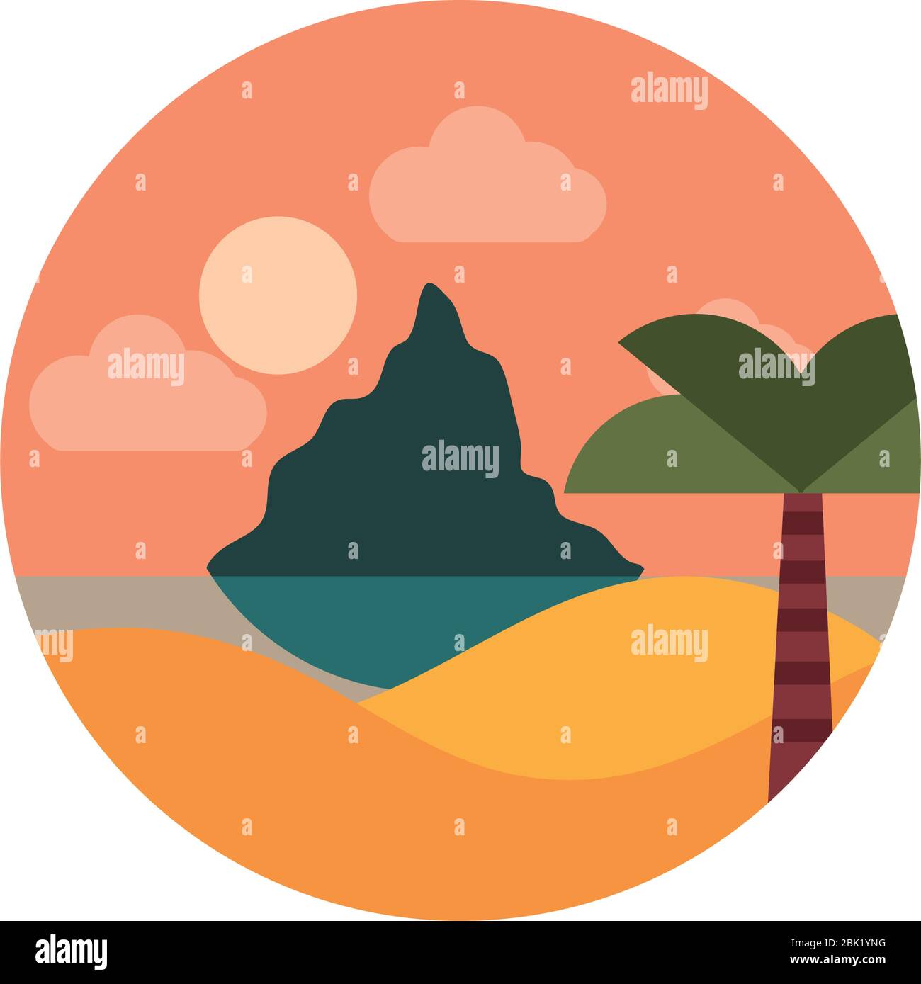 landscape nature tropical sea palm sunset mountain vector illustration flat style icon Stock Vector