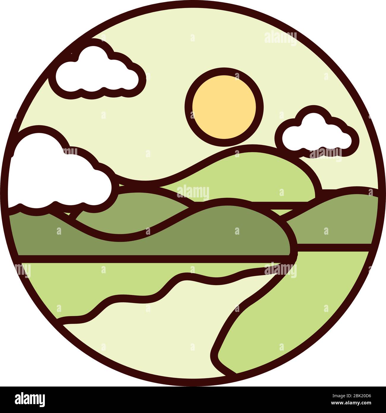 landscape nature sun river mountains vector illustration line and fill ...