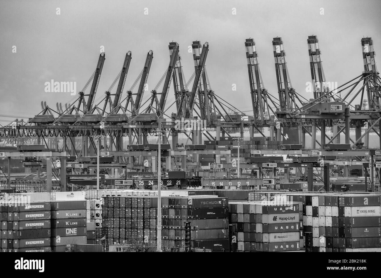 Hamburg container port with some ships loading and cranes transporting container to the freighters  with a dramatic sky/clouds, Germany Stock Photo