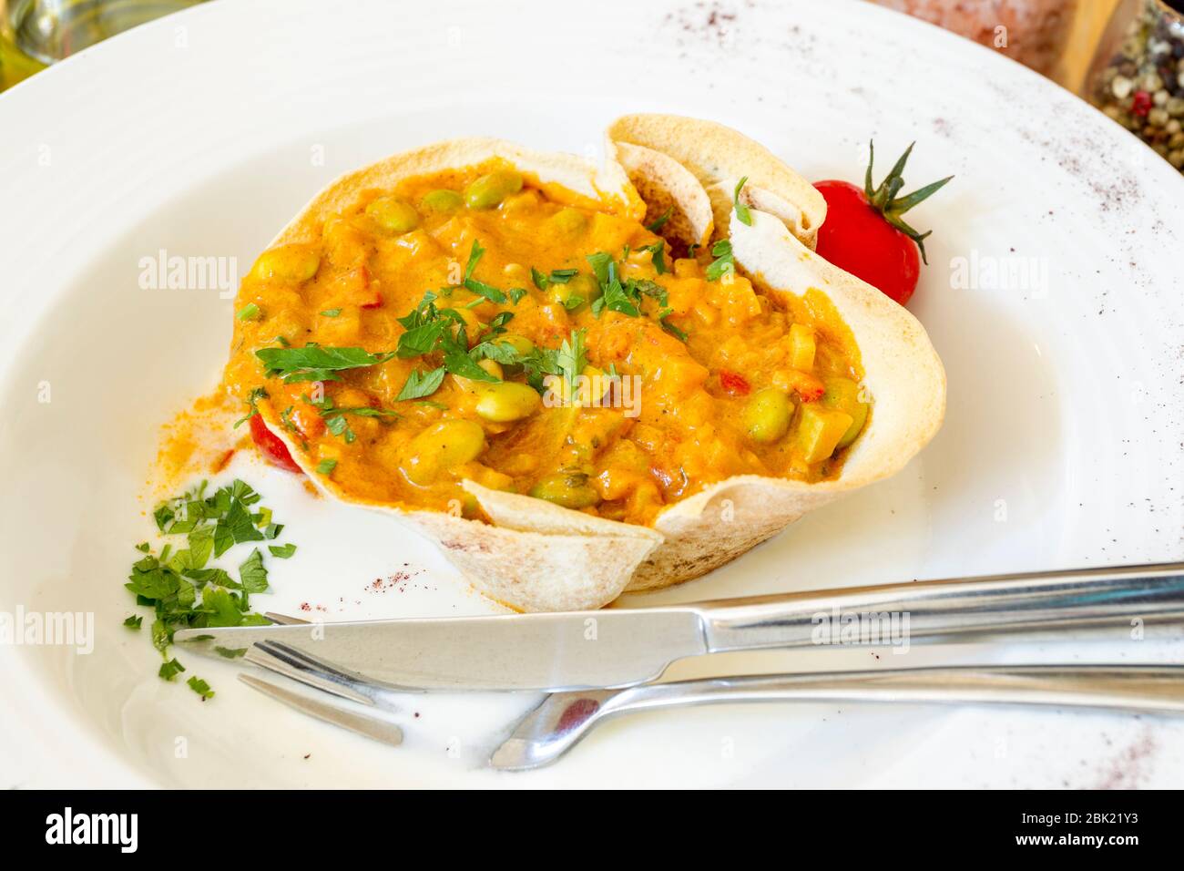 Very delicious Mung Bean Stew with yellow curry and vegetables. Stock Photo
