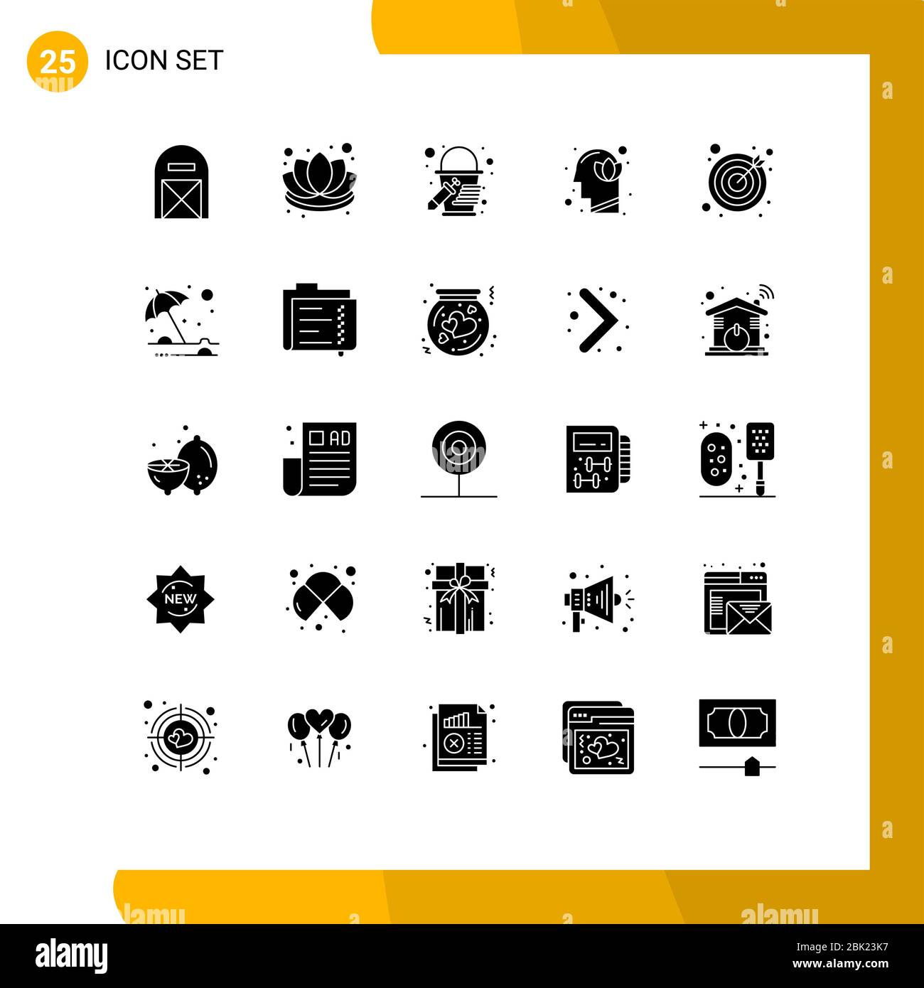 Group of 25 Solid Glyphs Signs and Symbols for darts, human, lotus, head, flower Editable Vector Design Elements Stock Vector