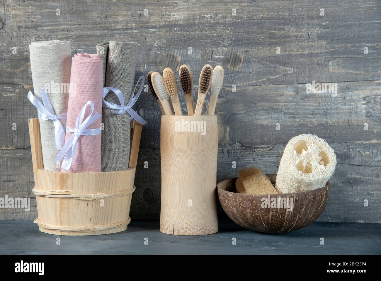 Eco friendly personal hygiene items made of natural materials.Toothbrushes linen towels and washcloths Stock Photo Alamy