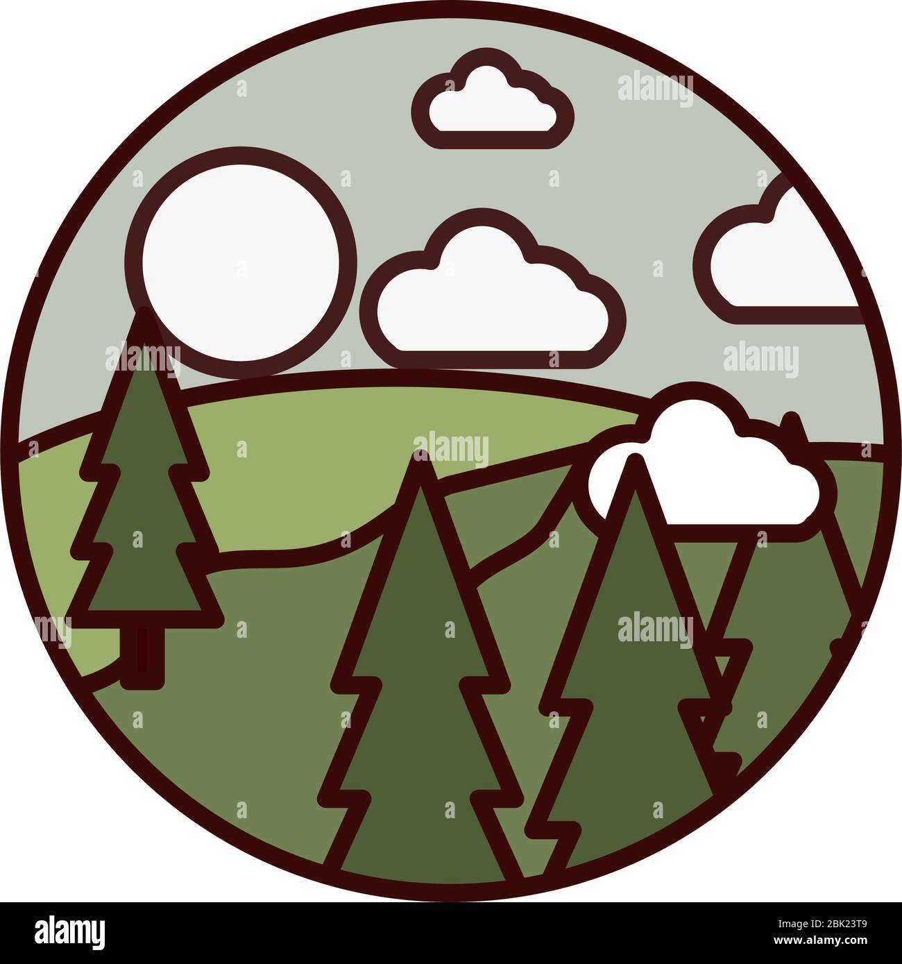 landscape nature pine trees forest field sun clouds vector illustration ...