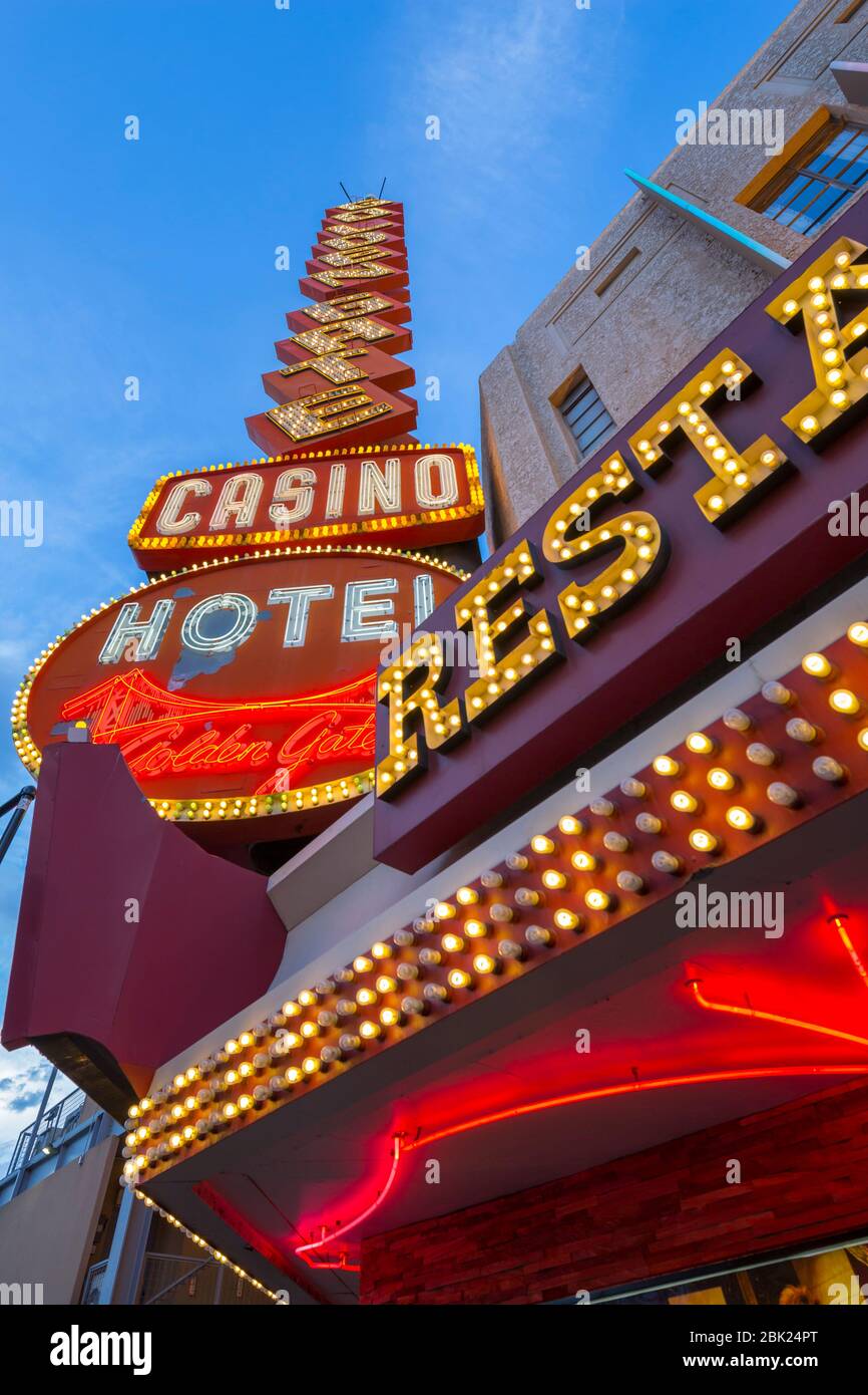 Neon lights on the Fremont Street Experience at dusk, Downtown, Las