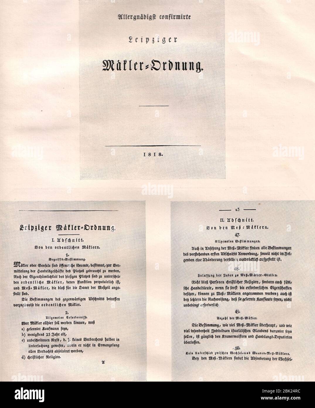 Hundert Jahre Marcus Harmelin 1830-1930 (Seite 11, Leipziger Mäkler-Ordnung von 1818). Stock Photo