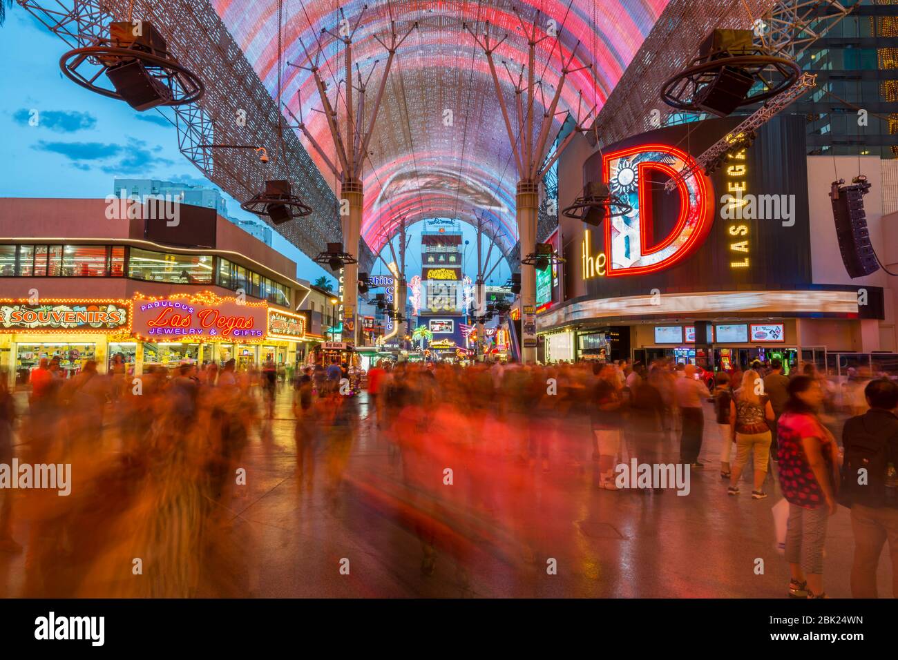 Neon lights on the Fremont Street Experience at dusk, Downtown, Las