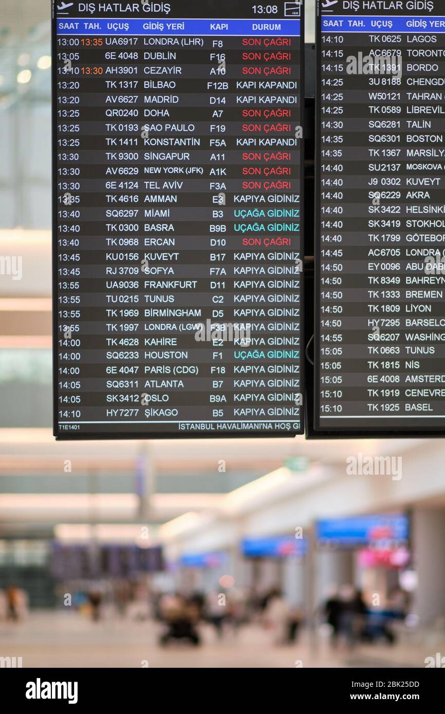 Istanbul / Turkey - September 14, 2019: Flight information display board at the new Istanbul Airport, Istanbul Havalimani in Turkey Stock Photo