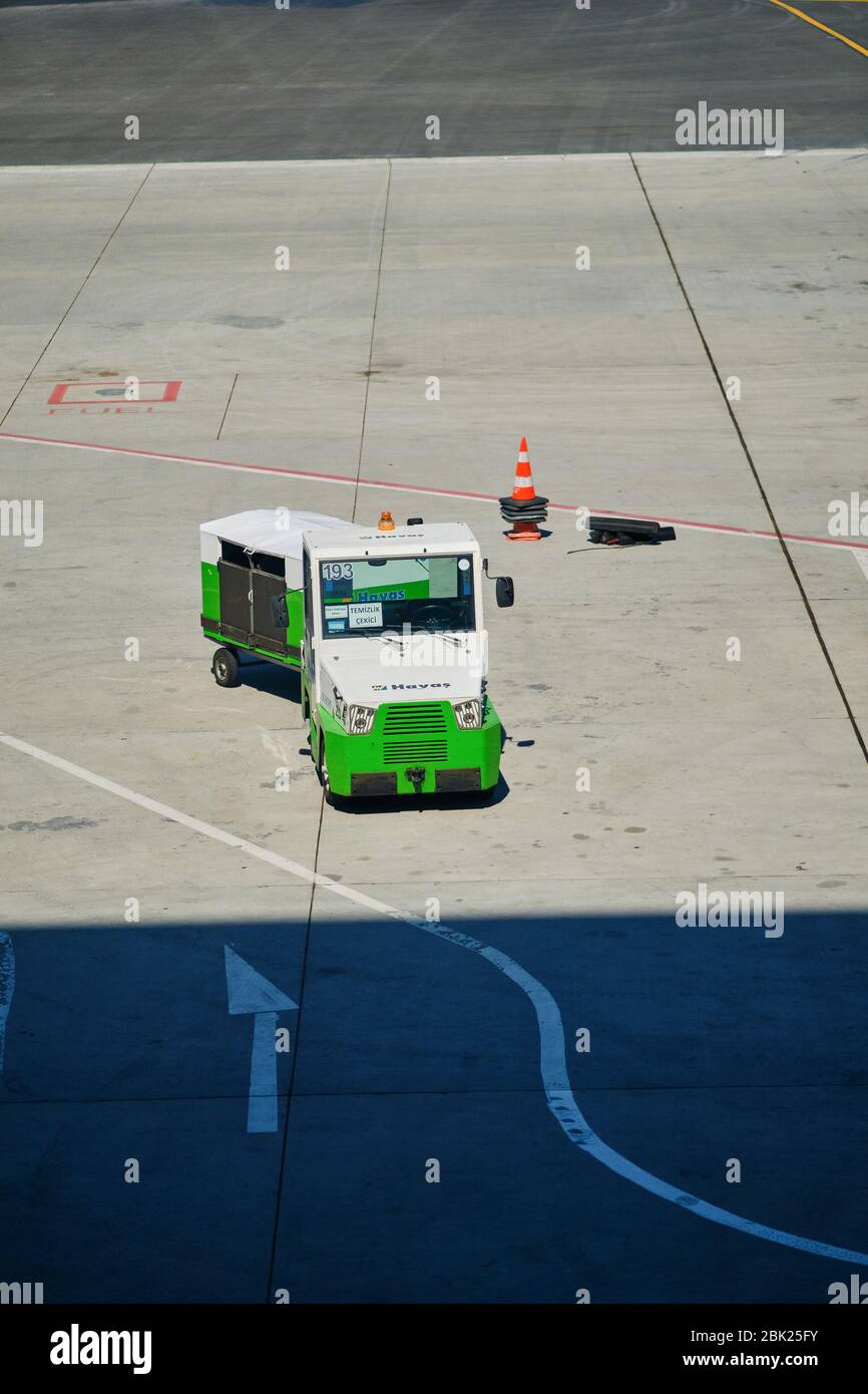 Istanbul / Turkey - September 14, 2019: Airport baggage tractor at the new Istanbul Airport, Istanbul Havalimani in Turkey Stock Photo