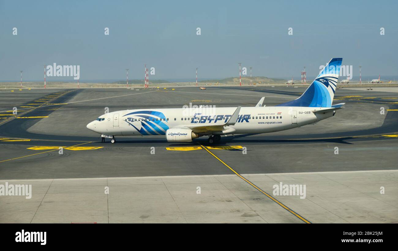 Istanbul / Turkey - September 14, 2019: EgyptAir Boeing 737-800 at the new Istanbul Airport, Istanbul Havalimani in Turkey Stock Photo