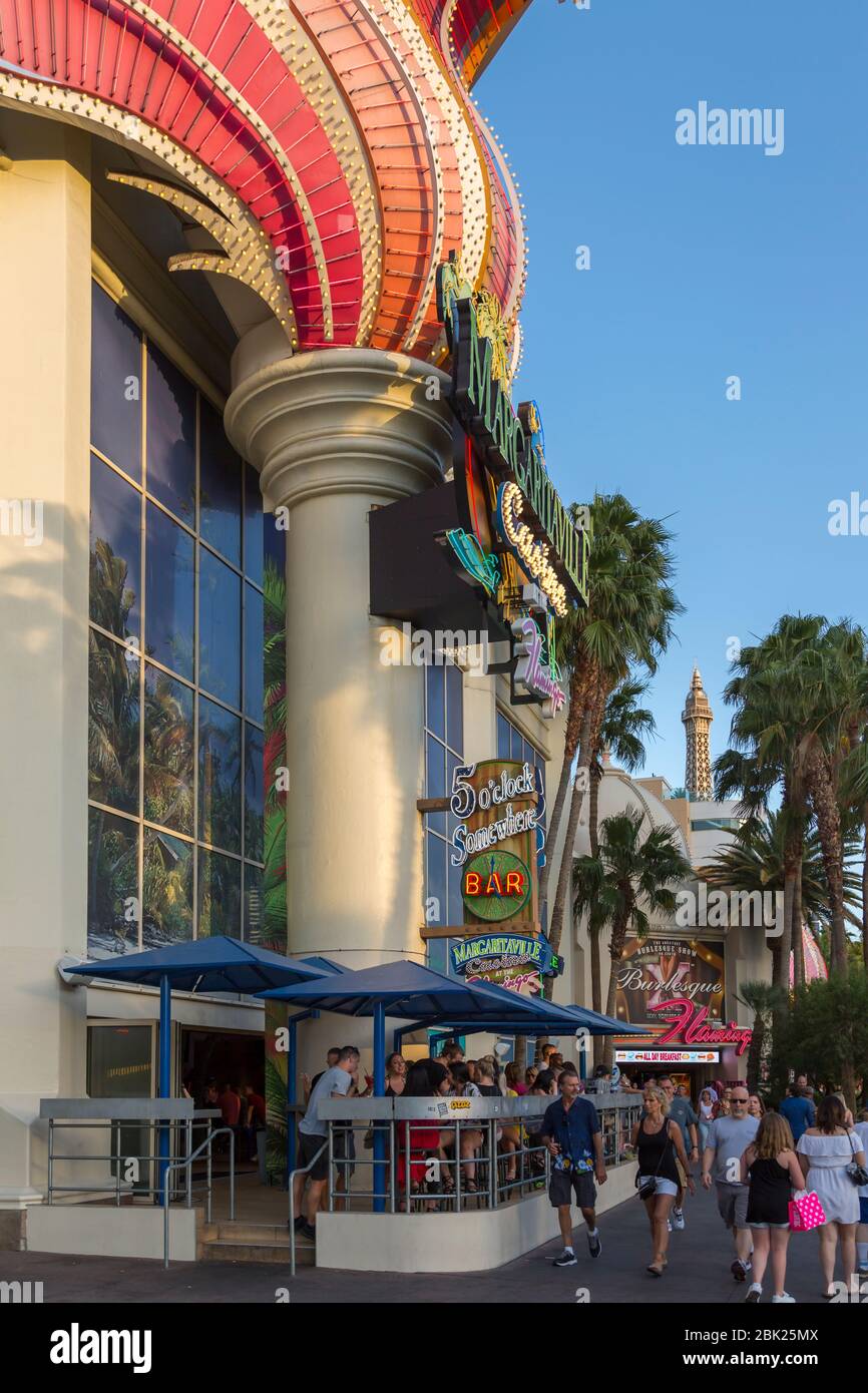 View of bar and pedestrians near Flamingo Hotel and Casino on 'The Strip' Las Vegas Boulevard, Las Vegas, Nevada, USA, North America Stock Photo