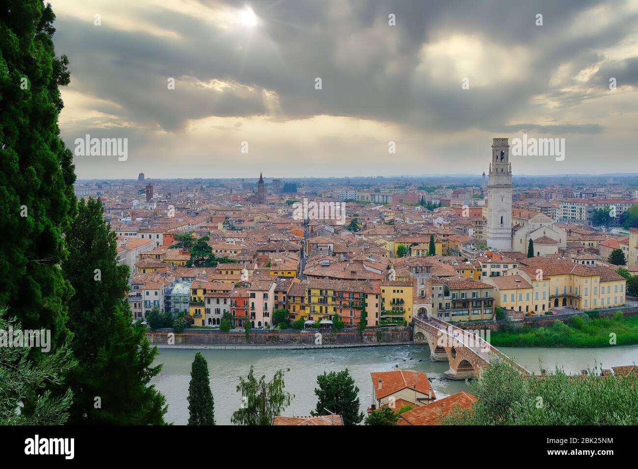Aerial view of Verona with the roman bridge and Adige river Stock Photo ...