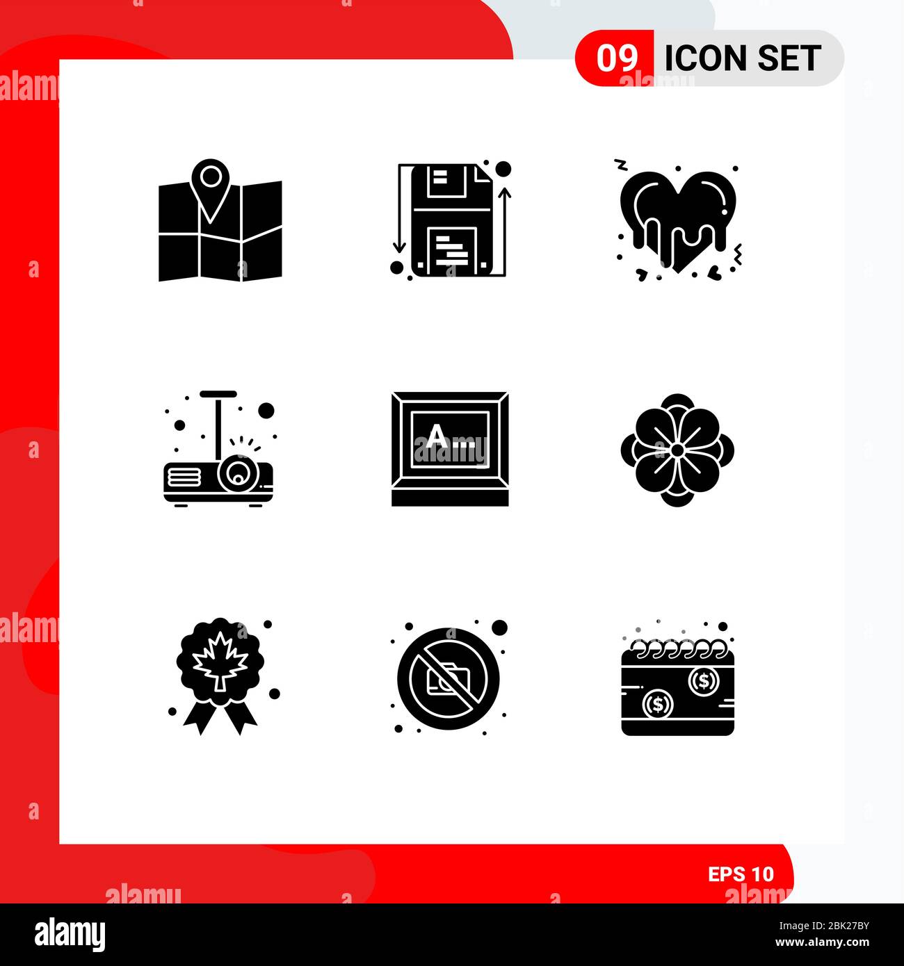 Pack of 9 creative Solid Glyphs of text, screen, heart, light, presentation Editable Vector Design Elements Stock Vector