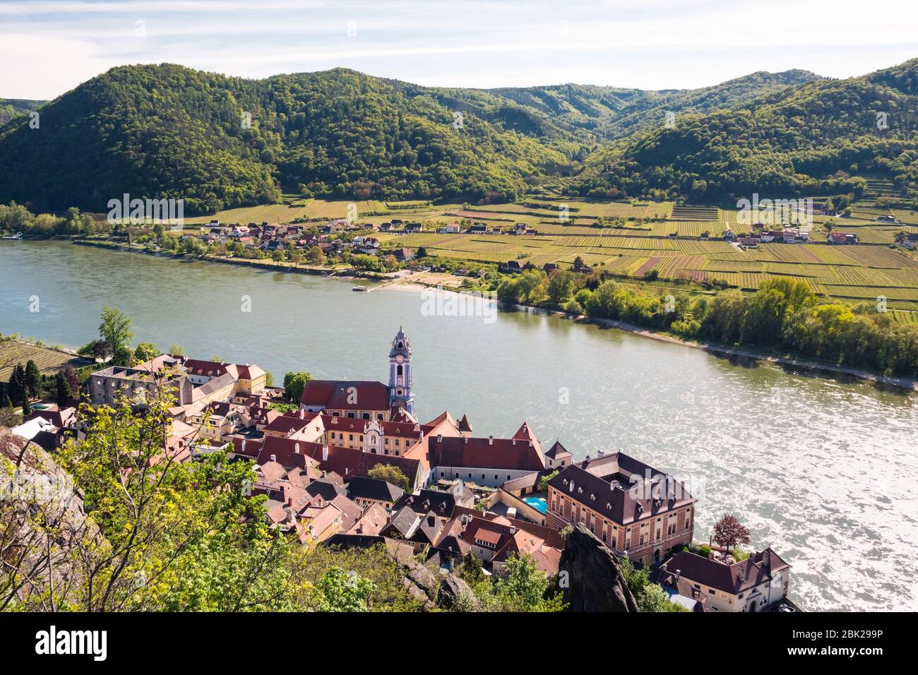 Durnstein Town in the Wachau Valley with Blue and White Tower of the Abbey Church and River Danube from Above Stock Photo