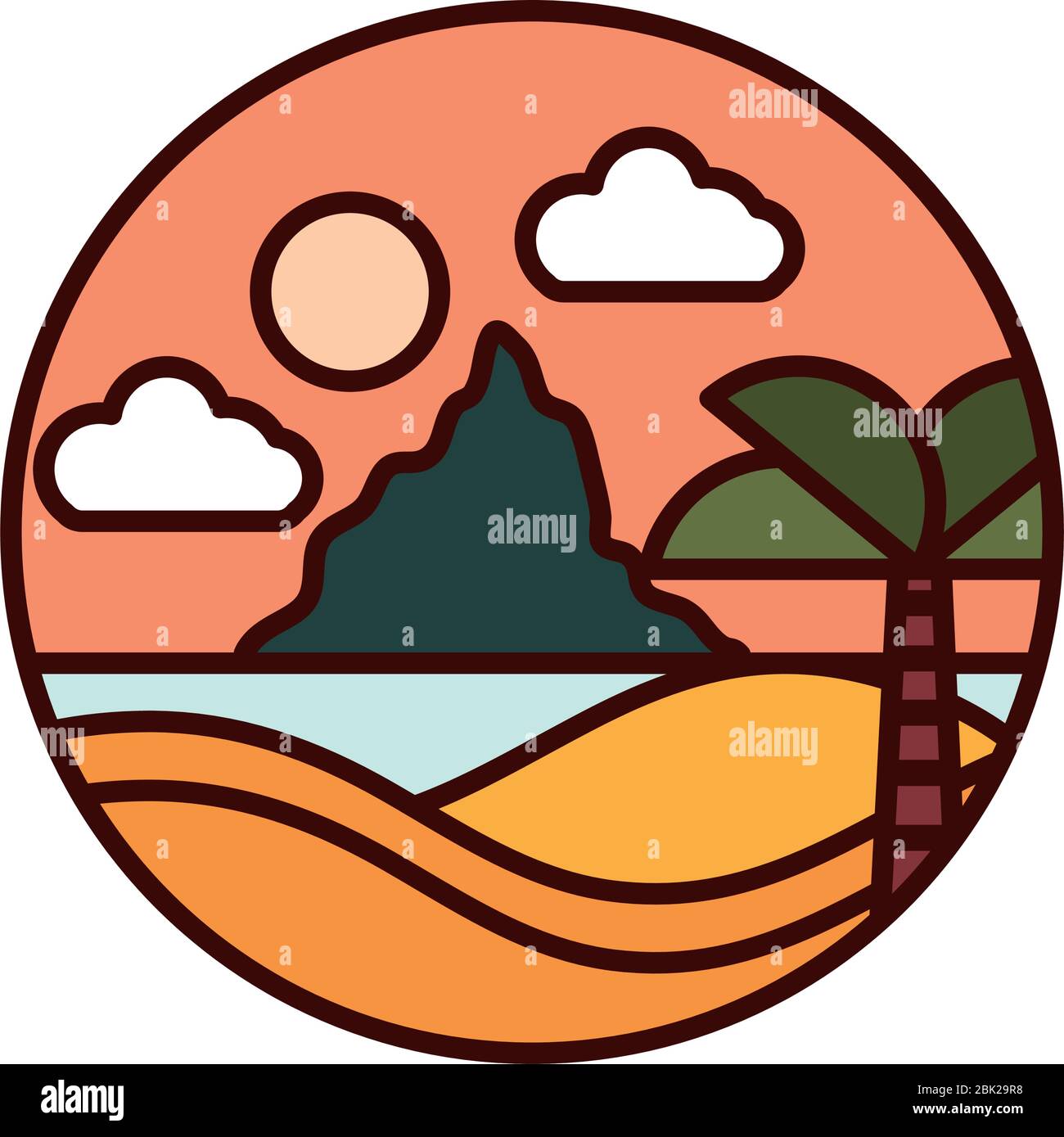 landscape nature tropical sea palm sunset mountain vector illustration line and fill icon Stock Vector