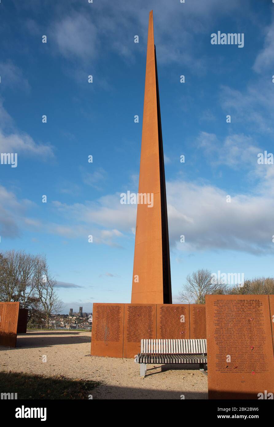 The Spire and Memorial Walls, International Bomber Command Lincoln on Remembrance Sunday... Stock Photo